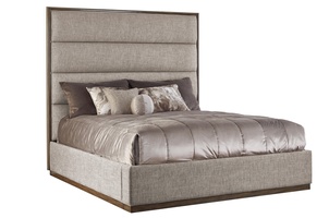 Palo Alto Contemporary Bed shown with:Horizontal panels upholstery styleWood Plinth&nbsp;base in Latte finishCashmere Silver leaf finish trimPlain&nbsp;panel rails(1) additional 15" panel
