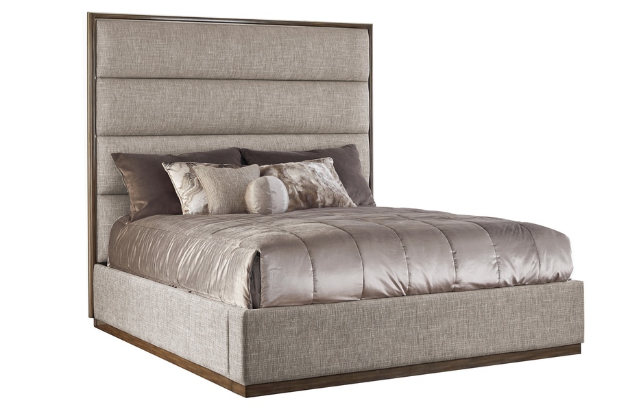 Palo Alto Contemporary Bed shown with:Horizontal panels upholstery styleWood Plinth&nbsp;base in Latte finishCashmere Silver leaf finish trimPlain&nbsp;panel rails