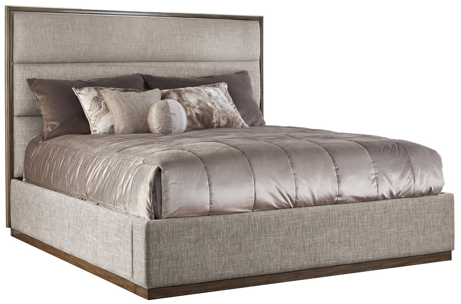 Palo Alto Contemporary Bed shown with:Horizontal panels upholstery styleWood Plinth&nbsp;base in Latte finishCashmere Silver leaf finish trimPlain&nbsp;panel rails
