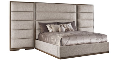 Palo Alto Contemporary Bed shown with:Horizontal panels upholstery styleWood Plinth&nbsp;base in Latte finishCashmere Silver leaf finish trimPlain&nbsp;panel rails(1) additional 15" panel