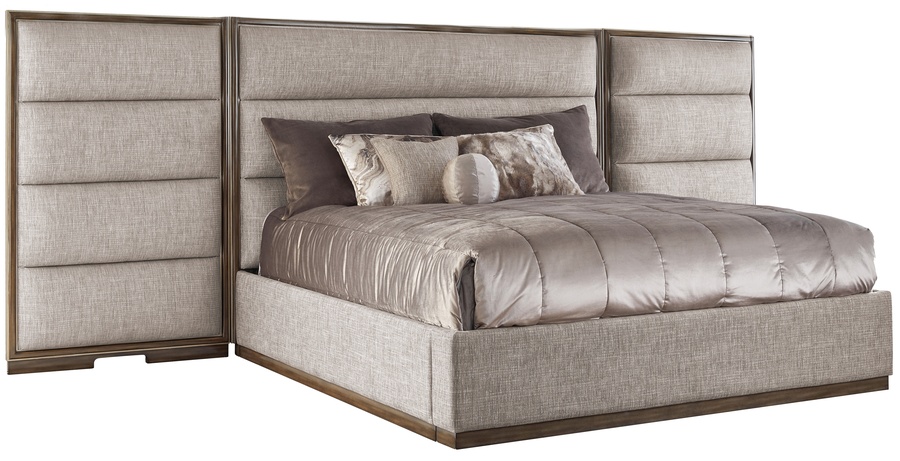 Palo Alto Contemporary Bed shown with:Horizontal panels upholstery styleWood Plinth&nbsp;base in Latte finishCashmere Silver leaf finish trimPlain&nbsp;panel rails