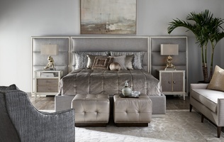 Palo Alto Contemporary Bed shown with:Horizontal panels upholstery styleWood Plinth&nbsp;base in&nbsp;Ensemble finishCashmere Silver leaf finish trimPlain&nbsp;panel rails