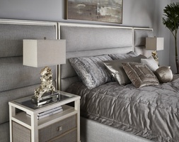 Palo Alto Contemporary Bed shown with:Horizontal panels upholstery styleWood Plinth&nbsp;base in&nbsp;Ensemble&nbsp;finishCashmere Silver leaf finish trimPlain&nbsp;panel rails