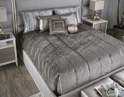 Palo Alto Contemporary Bed shown with:Horizontal panels upholstery styleWood Plinth&nbsp;base in&nbsp;Ensemble&nbsp;finishCashmere Silver leaf finish trimPlain&nbsp;panel rails