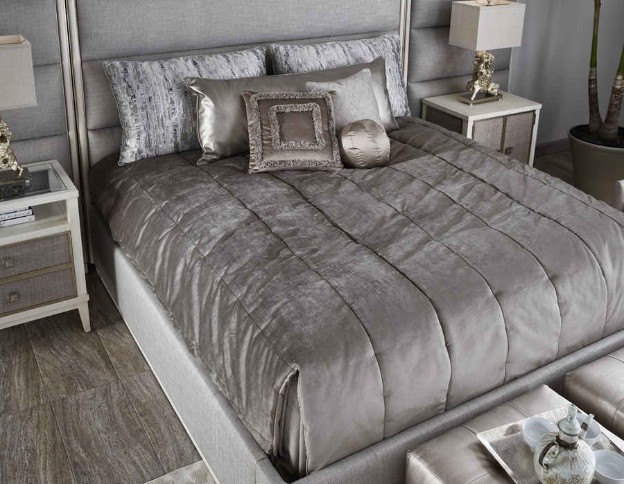Palo Alto Contemporary Bed shown with:Horizontal panels upholstery styleWood Plinth&nbsp;base in Latte finishCashmere Silver leaf finish trimPlain&nbsp;panel rails
