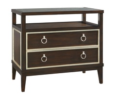 Palo Alto Nightstand shown with:Bombay&nbsp;finishCashmere&nbsp;Silver Leaf finish trimClear glass top with beveled edgeAntique Nickel ring pull with crystal
Selection of fabrics, leathers, wood, mirror, or glass available for panel insets