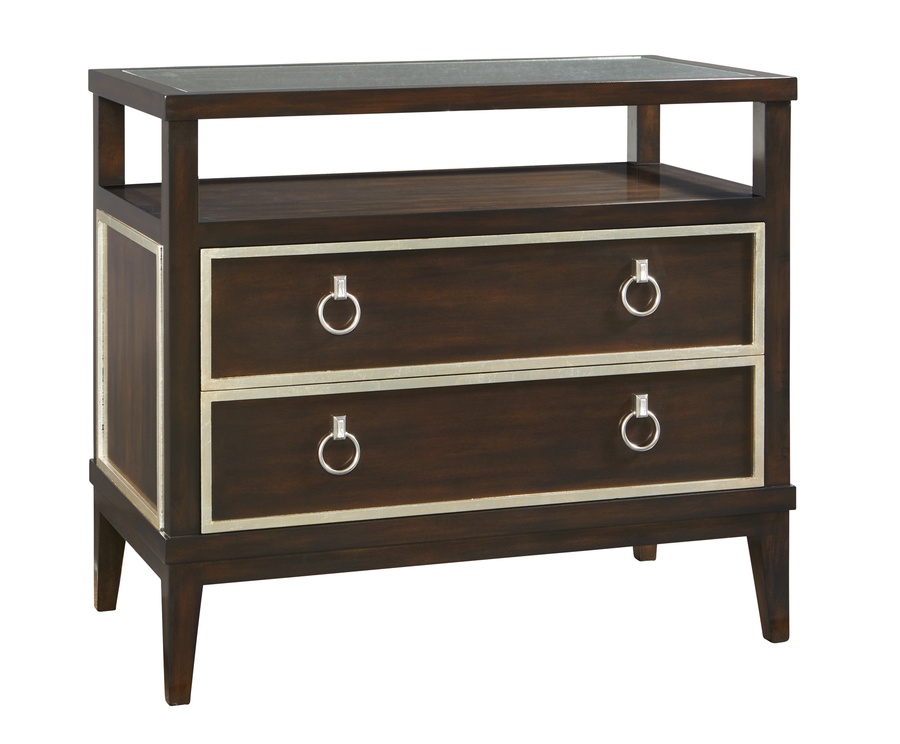 Palo Alto Nightstand shown with:Dapple finishCashmere&nbsp;Silver Leaf finish trimClear glass top with beveled edgeAntique Nickel ring pull
Selection of fabrics, leathers, wood, mirror, or glass available for panel insets