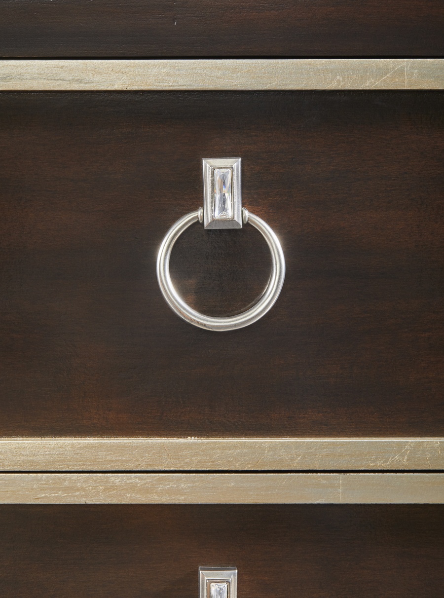 Palo Alto Nightstand shown with:Dapple finishCashmere&nbsp;Silver Leaf finish trimClear glass top with beveled edgeAntique Nickel ring pull
Selection of fabrics, leathers, wood, mirror, or glass available for panel insets