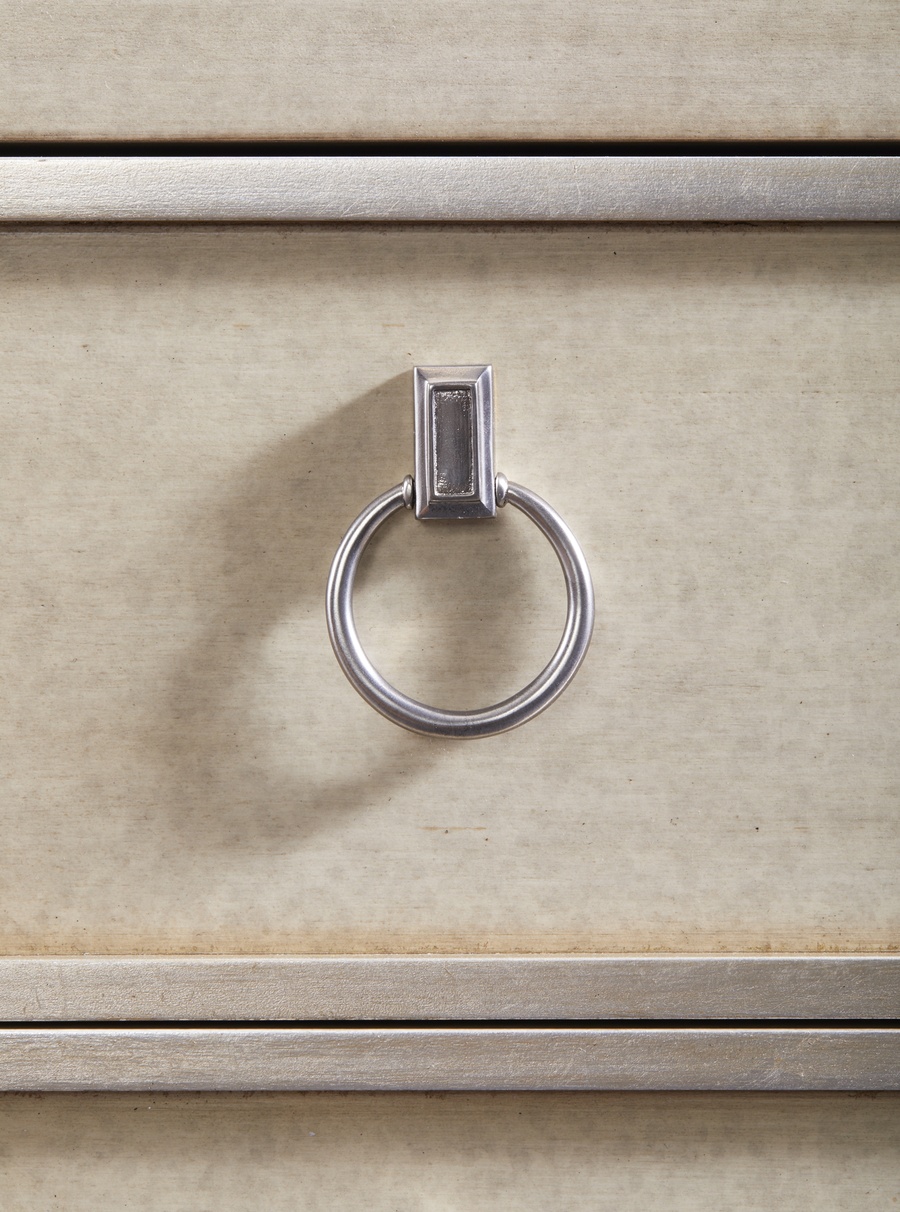 Palo Alto Nightstand shown with:Dapple finishCashmere&nbsp;Silver Leaf finish trimClear glass top with beveled edgeAntique Nickel ring pull
Selection of fabrics, leathers, wood, mirror, or glass available for panel insets