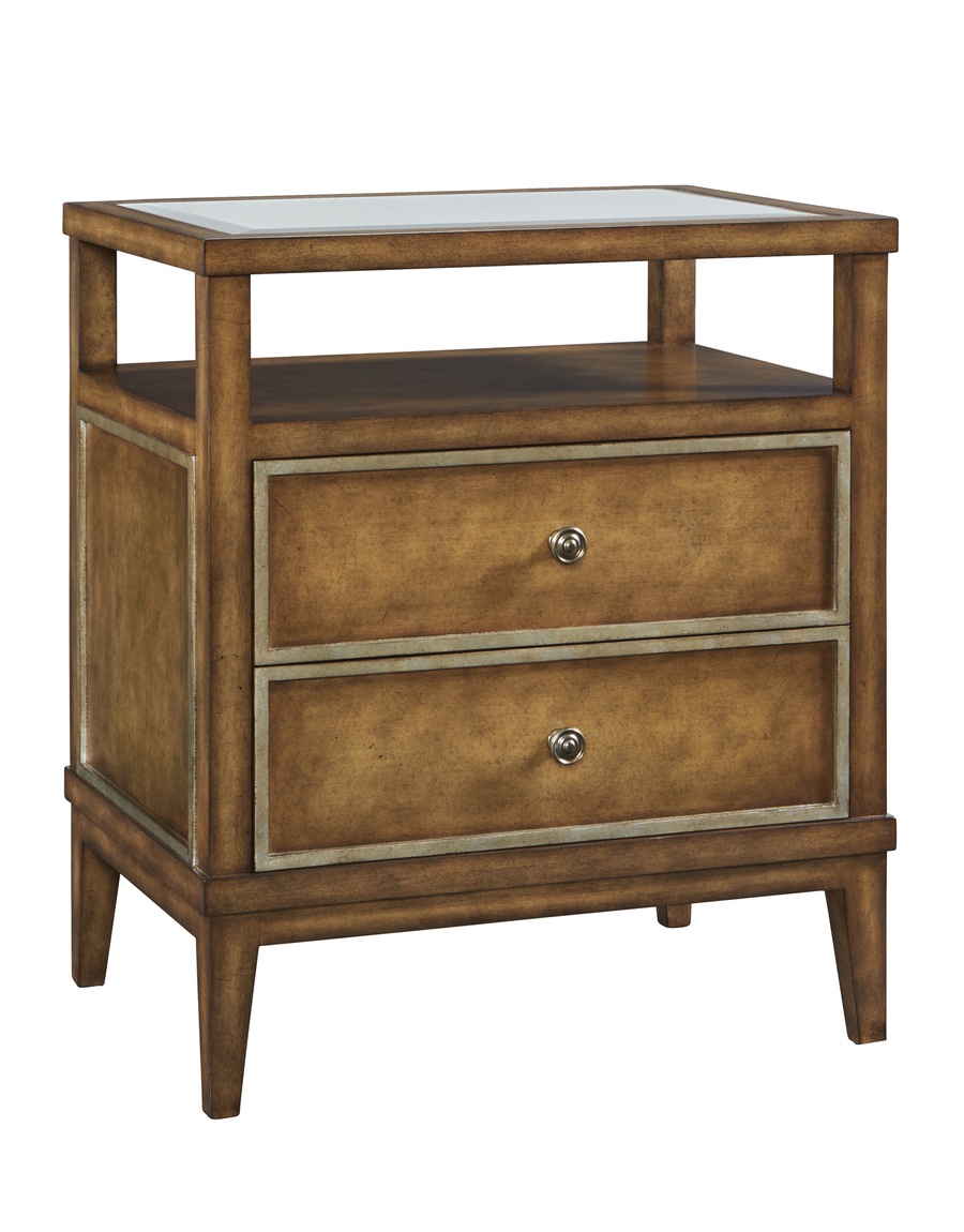 Palo Alto Nightstand shown with:Saddle finishBurnished Silver Leaf finish trimClear glass top with beveled edgeMedici Nickel knob pull
Selection of fabrics, leathers, wood, mirror, or glass available for panel insets