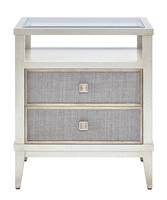 Palo Alto Nightstand shown with:Ensemble&nbsp;finishCashmere&nbsp;Silver Leaf finish trimClear glass top with beveled edgePolished&nbsp;Nickel square knob pull
Selection of fabrics, leathers, wood, mirror, or glass available for panel insets