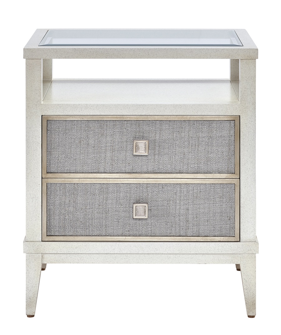 Palo Alto Nightstand shown with:Saddle finishBurnished Silver Leaf finish trimClear glass top with beveled edgeMedici Nickel knob pull
Selection of fabrics, leathers, wood, mirror, or glass available for panel insets