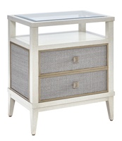 Palo Alto Nightstand shown with:Ensemble&nbsp;finishCashmere&nbsp;Silver Leaf finish trimClear glass top with beveled edgePolished Nickel square knob pull
Selection of fabrics, leathers, wood, mirror, or glass available for panel insets
