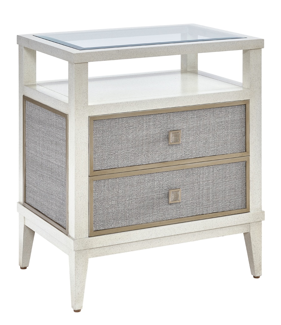 Palo Alto Nightstand shown with:Saddle finishBurnished Silver Leaf finish trimClear glass top with beveled edgeMedici Nickel knob pull
Selection of fabrics, leathers, wood, mirror, or glass available for panel insets