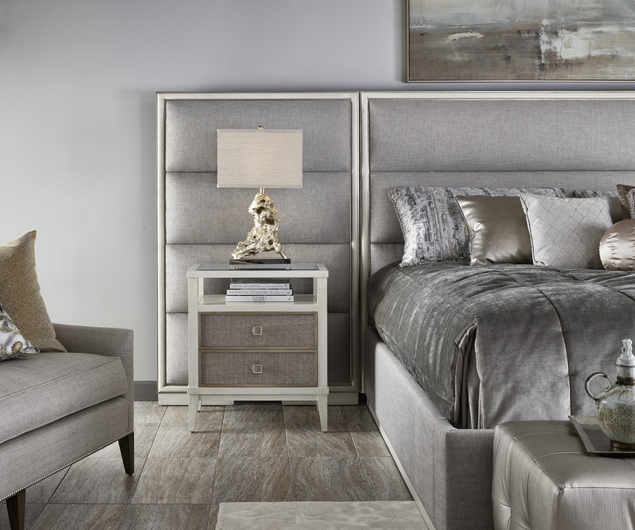 Palo Alto Nightstand shown with:Saddle finishBurnished Silver Leaf finish trimClear glass top with beveled edgeMedici Nickel knob pull
Selection of fabrics, leathers, wood, mirror, or glass available for panel insets