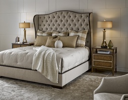 Palo Alto Nightstand shown with:Saddle finishBurnished Silver Leaf finish trimClear glass top with beveled edgeMedici Nickel knob pull
Selection of fabrics, leathers, wood, mirror, or glass available for panel insets
