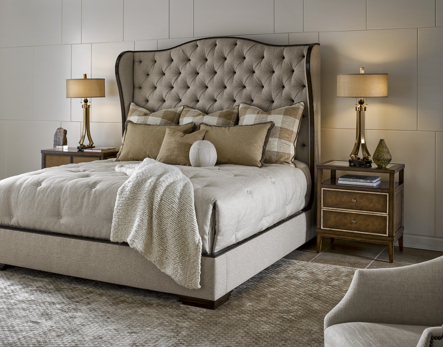 Palo Alto Nightstand shown with:Saddle finishBurnished Silver Leaf finish trimClear glass top with beveled edgeMedici Nickel knob pull
Selection of fabrics, leathers, wood, mirror, or glass available for panel insets
