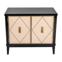 Palo Alto Nightstand shown with:Ebony&nbsp;finishVersailles leaf&nbsp;finish trimInset leather&nbsp;panelX Pattern Silver nailhead trimAntique Brass&nbsp;pendant&nbsp;pull with backplate
Selection of fabrics, leathers, wood, mirror, or glass available for panel insets