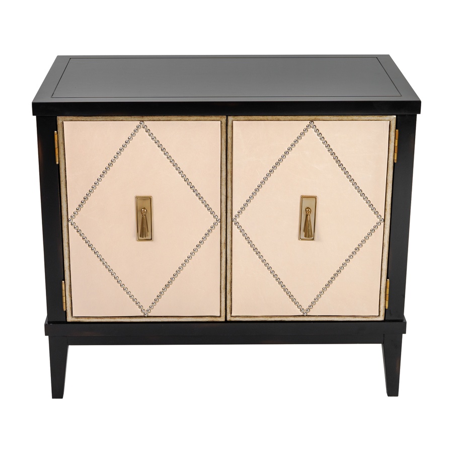 Palo Alto Nightstand shown with:Ebony&nbsp;finishVersailles leaf&nbsp;finish trimInset leather&nbsp;panelX Pattern Silver nailhead trimAntique Brass&nbsp;pendant&nbsp;pull with backplate
Selection of fabrics, leathers, wood, mirror, or glass available for panel insets