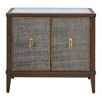 Palo Alto Nightstand shown with:Briar&nbsp;finishAged Gold&nbsp;finish trimInset fabric panelClear Mirror topAntique Brass&nbsp;pendant&nbsp;pull with backplate
Selection of fabrics, leathers, wood, mirror, or glass available for panel insets