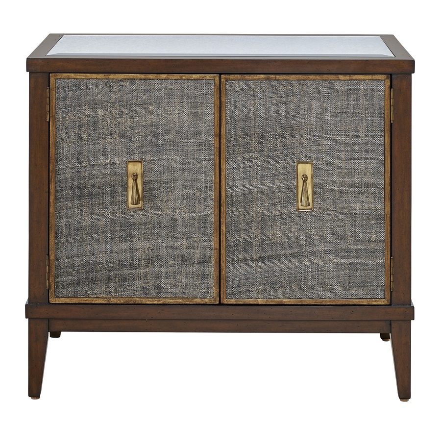 Palo Alto Nightstand shown with:Ebony&nbsp;finishVersailles leaf&nbsp;finish trimInset leather&nbsp;panelX Pattern Silver nailhead trimAntique Brass&nbsp;pendant&nbsp;pull with backplate
Selection of fabrics, leathers, wood, mirror, or glass available for panel insets