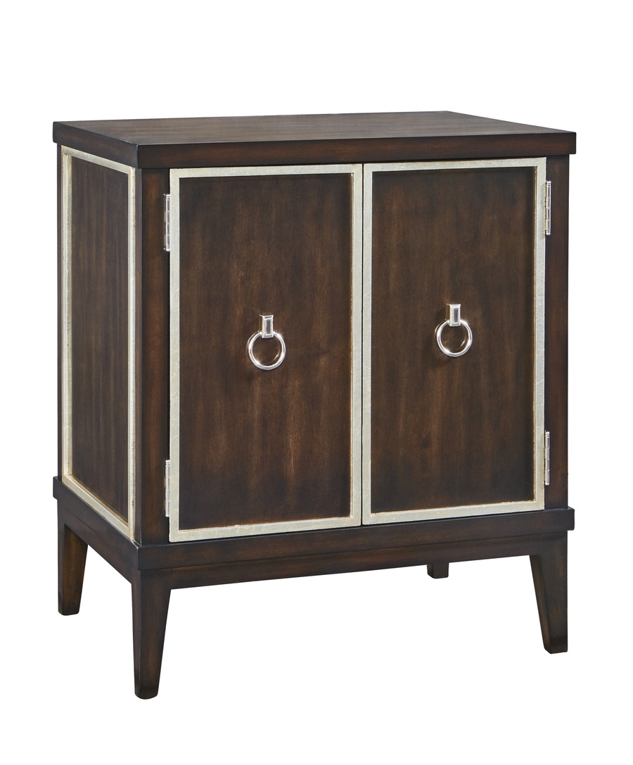 Palo Alto Nightstand shown with:Bombay&nbsp;finishCashmere&nbsp;Silver Leaf finish trimClear glass top with beveled edgePolished&nbsp;Nickel ring pull
Selection of fabrics, leathers, wood, mirror, or glass available for panel insets