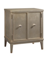 Palo Alto Nightstand shown with:Cashmere Silver&nbsp;finishPolished&nbsp;Nickel&nbsp;knob pull
Selection of fabrics, leathers, wood, mirror, or glass available for panel insets