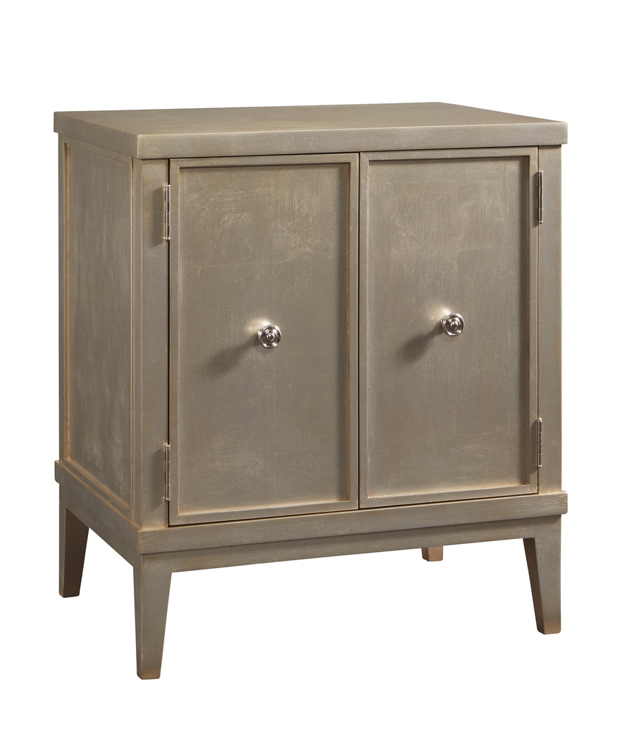 Palo Alto Nightstand shown with:Bombay&nbsp;finishCashmere&nbsp;Silver Leaf finish trimClear glass top with beveled edgePolished&nbsp;Nickel ring pull
Selection of fabrics, leathers, wood, mirror, or glass available for panel insets