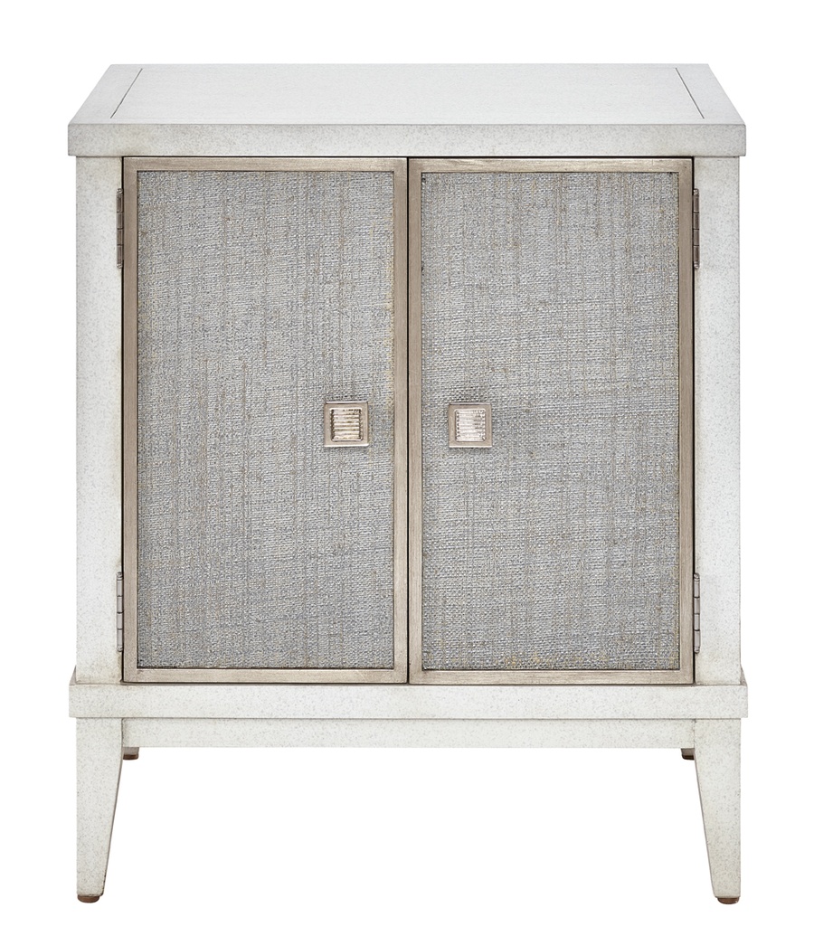 Palo Alto Nightstand shown with:Bombay&nbsp;finishCashmere&nbsp;Silver Leaf finish trimClear glass top with beveled edgePolished&nbsp;Nickel ring pull
Selection of fabrics, leathers, wood, mirror, or glass available for panel insets