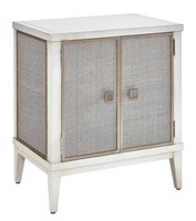 Palo Alto Nightstand shown with:Ensemble&nbsp;finishCashmere&nbsp;Silver Leaf finish trimInset fabric panelPolished&nbsp;Nickel&nbsp;square knob
Selection of fabrics, leathers, wood, mirror, or glass available for panel insets