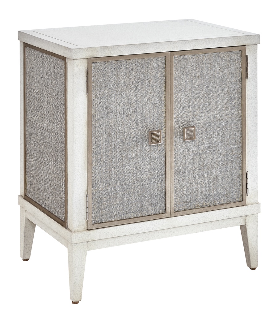 Palo Alto Nightstand shown with:Bombay&nbsp;finishCashmere&nbsp;Silver Leaf finish trimClear glass top with beveled edgePolished&nbsp;Nickel ring pull
Selection of fabrics, leathers, wood, mirror, or glass available for panel insets