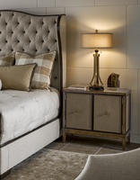 Palo Alto Nightstand shown with:Saddle&nbsp;finishEbony paint finish trimBright Brass nailhead frame trimInset fabric panelAntique Brass&nbsp;knob&nbsp;pull
Selection of fabrics, leathers, wood, mirror, or glass available for panel insets