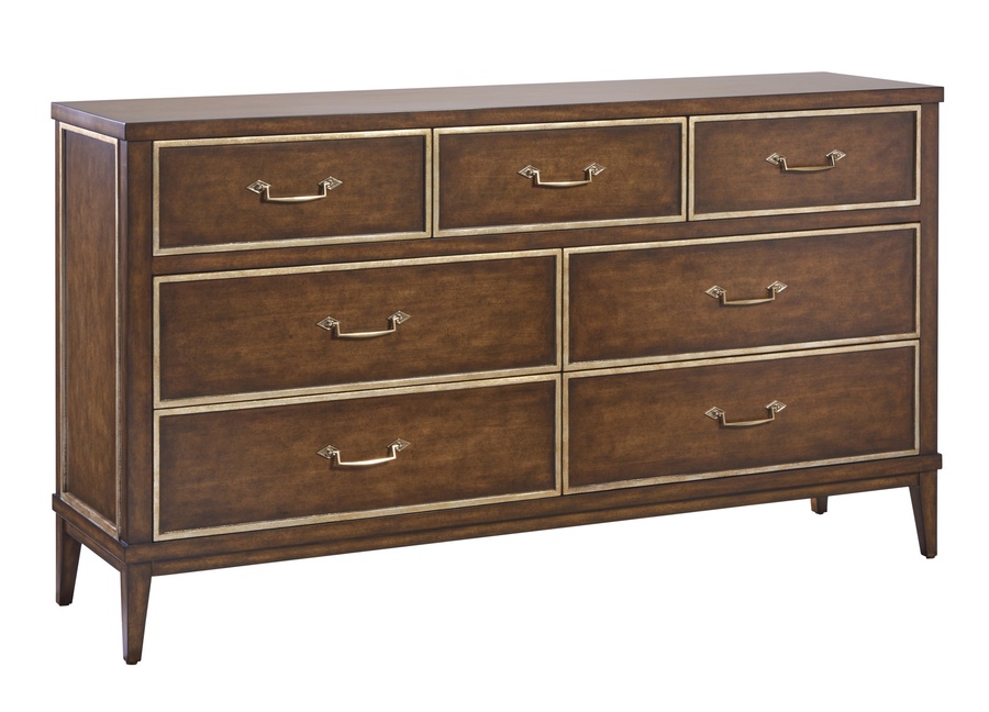 Palo Alto Dresser shown with:Saddle finish with Burnished Silver leaf finish trimBail handle in Medici Nickel finish
Selection of fabrics, leathers, wood, mirror, or glass available for panel insets