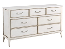 Palo Alto Dresser shown with:Ensemble&nbsp;finish with&nbsp;Cashmere Silver leaf finish trimBail handle in&nbsp;Polished&nbsp;Nickel finish
Selection of fabrics, leathers, wood, mirror, or glass available for panel insets