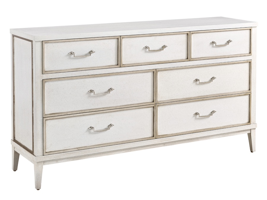 Palo Alto Dresser shown with:Saddle finish with Burnished Silver leaf finish trimBail handle in Medici Nickel finish
Selection of fabrics, leathers, wood, mirror, or glass available for panel insets