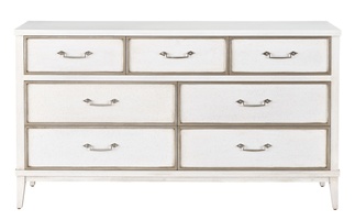 Palo Alto Dresser shown with:Ensemble&nbsp;finish with&nbsp;Cashmere&nbsp;Silver leaf finish trimBail handle in&nbsp;Polished&nbsp;Nickel finish
Selection of fabrics, leathers, wood, mirror, or glass available for panel insets