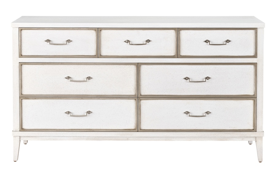 Palo Alto Dresser shown with:Saddle finish with Burnished Silver leaf finish trimBail handle in Medici Nickel finish
Selection of fabrics, leathers, wood, mirror, or glass available for panel insets