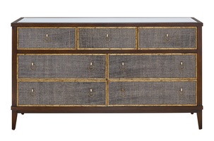 Palo Alto Dresser shown with:Briar&nbsp;finish with&nbsp;Aged&nbsp;Gold leaf finish trimCrystal Ring Pull&nbsp;in&nbsp;Antique Brass finish
Selection of fabrics, leathers, wood, mirror, or glass available for panel insets