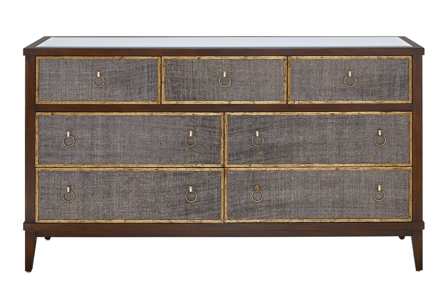 Palo Alto Dresser shown with:Saddle finish with Burnished Silver leaf finish trimBail handle in Medici Nickel finish
Selection of fabrics, leathers, wood, mirror, or glass available for panel insets