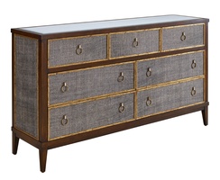 Palo Alto Dresser shown with:Briar finish with&nbsp;Aged Gold leaf finish trimCrystal Ring Pull&nbsp;in&nbsp;Antique Brass finish
Selection of fabrics, leathers, wood, mirror, or glass available for panel insets