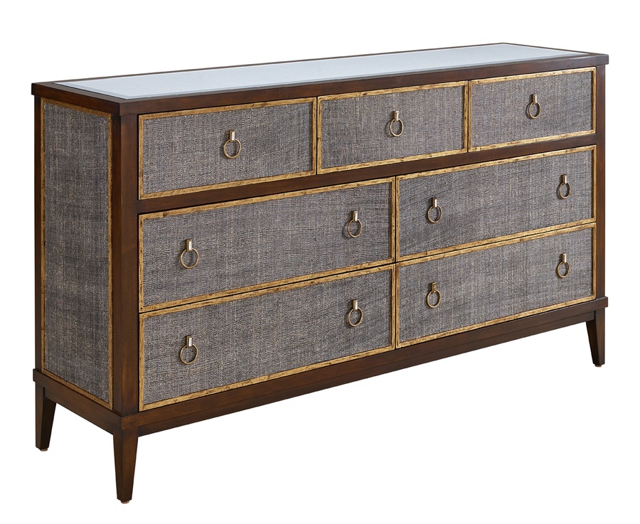 Palo Alto Dresser shown with:Saddle finish with Burnished Silver leaf finish trimBail handle in Medici Nickel finish
Selection of fabrics, leathers, wood, mirror, or glass available for panel insets
