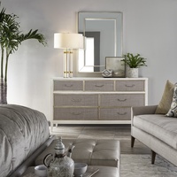 Palo Alto Dresser shown with:Ensemble&nbsp;finish with&nbsp;Cashmere&nbsp;Silver&nbsp;leaf finish trimBail handle&nbsp;in&nbsp;Polished&nbsp;Nickel&nbsp;finish
Selection of fabrics, leathers, wood, mirror, or glass available for panel insets