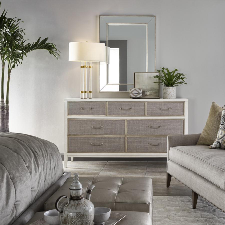 Palo Alto Dresser shown with:Saddle finish with Burnished Silver leaf finish trimBail handle in Medici Nickel finish
Selection of fabrics, leathers, wood, mirror, or glass available for panel insets