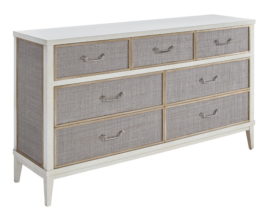 Palo Alto Dresser shown with:Saddle finish with Burnished Silver leaf finish trimBail handle in Medici Nickel finish
Selection of fabrics, leathers, wood, mirror, or glass available for panel insets
