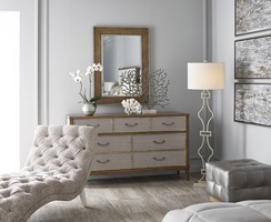 Palo Alto&nbsp;MIrror shown with:Burnished Silver&nbsp;finishWood&nbsp;panel inset with Almond finish