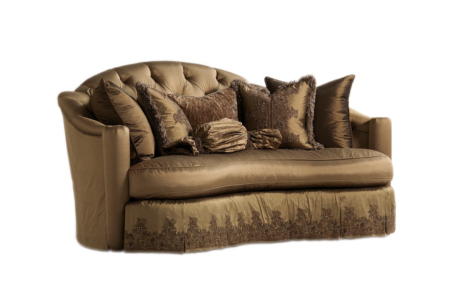 Paulina Sofa shown with: Boxed bench seatButton tufted back Box pleated waterfall skirt with dressmaker back and button detailDecorative skirt panel detail