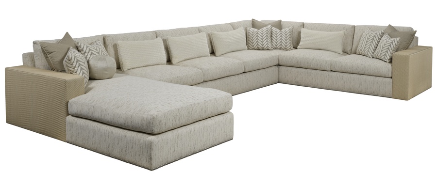 Playa Grande&nbsp;Sectional shown with:PLG44L,&nbsp;PLG70L, PLG73LBoxed bench seatBuilt-to-the-floor basePewter nailhead frame trim