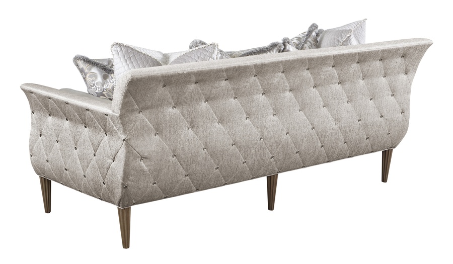 Paloma Sofa&nbsp;shown with:Boxed benchBrilliance Button quilted outside backCashmere Silver&nbsp;finish on legs
