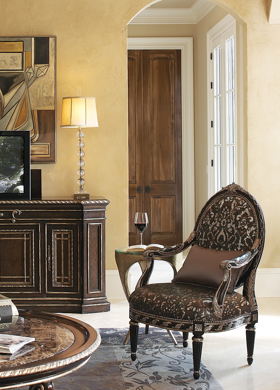 Orleans&nbsp;Chair&nbsp;shown with:Tight seat and backExposed carved hardwood frameBronze Star&nbsp;nailhead frame trim