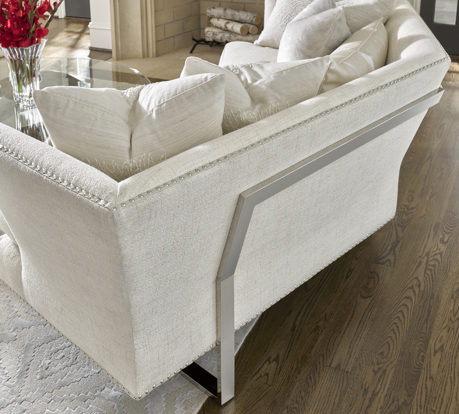 Seattle Sofa shown with: Boxed bench seatBuilt-to-the-floor with metal legs in Stainless Steel finishSilver&nbsp;nailhead frame trim spaced over fabric tape